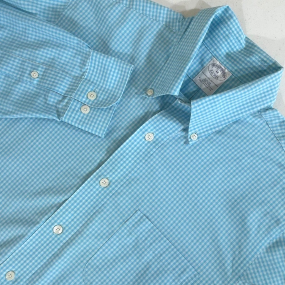 Brooks Brothers Button Down Shirt Medium Blue Gingham Slim Fit Non Iron Supima